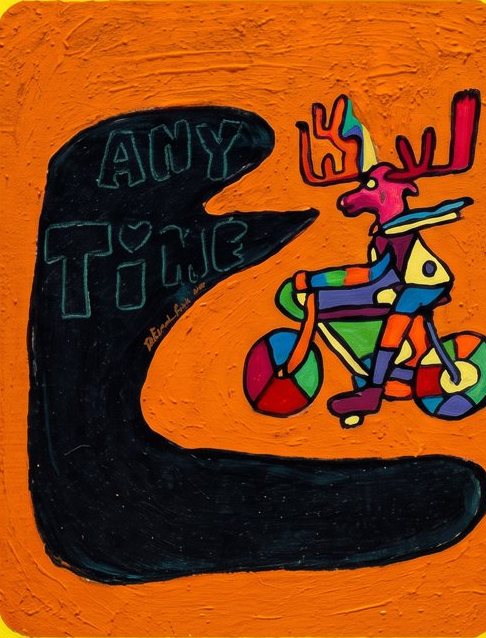 Letter E: a patchwork moose riding a bicycle on an orange panel
