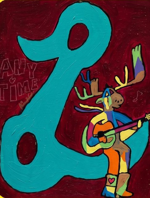 Letter L: a patchwork moose playing a guitar on a deep red panel