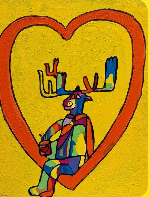 Letter O: a patchwork moose resting in a red heart on a yellow panel