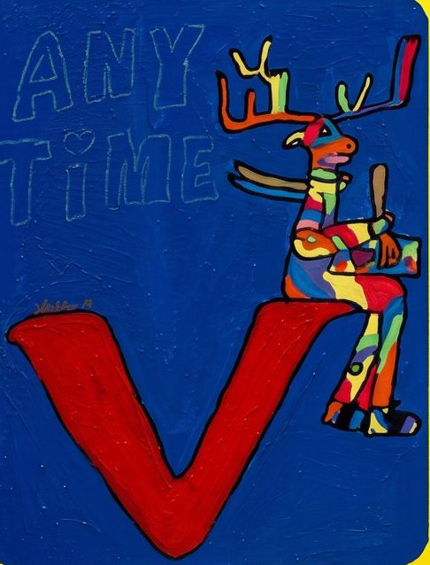 Letter V: a patchwork moose holding a paint palette on a blue panel